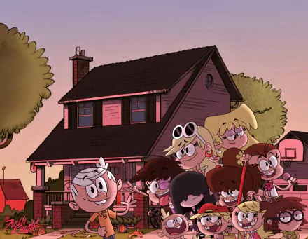 HD cartoon desktop wallpaper from the Nickelodeon TV show The Loud House featuring the Loud family in front of their house at sunset.