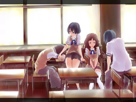 Anime scene from Waiting in the Summer featuring four students in a sunlit classroom, rendered in HD as a PC desktop wallpaper and background.