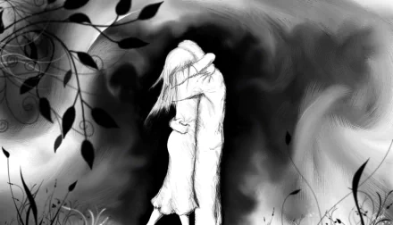 A black and white artistic drawing of a couple embracing, surrounded by swirling shadows and decorative leaves, designed as a high-definition PC desktop wallpaper and background.