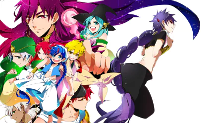 HD PC desktop wallpaper featuring vibrant characters from the anime Magi: The Labyrinth of Magic in dynamic poses with colorful, detailed artwork.