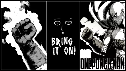 HD PC desktop wallpaper featuring Saitama from One-Punch Man in bold black-and-white anime style with the phrase Bring it on! and dynamic action poses.