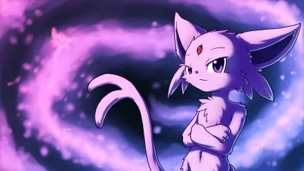 HD anime-style desktop wallpaper featuring Espeon, the Psychic-type Pokémon, with a glowing purple aura swirling behind it.