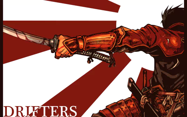 An action-packed HD wallpaper featuring Toyohisa Shimazu from the anime Drifters, showcasing a dynamic pose with a sword against a bold red and white background.