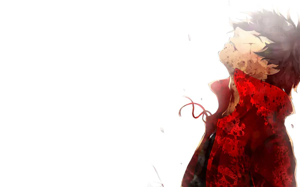 HD PC desktop wallpaper featuring Toyohisa Shimazu from the anime Drifters, with a dramatic red cloak and upward gaze against a bright, minimal background.