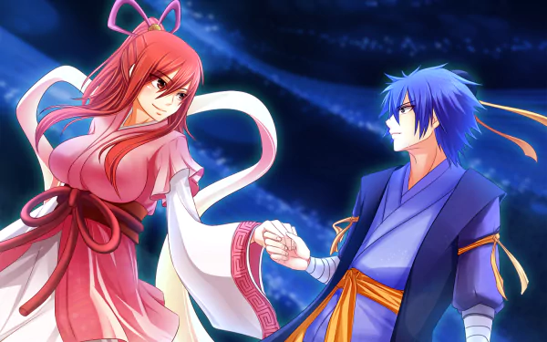 HD wallpaper featuring Jellal Fernandes and Erza Scarlet from the anime Fairy Tail, depicted in a vibrant, enchanting background that captures their dynamic bond.