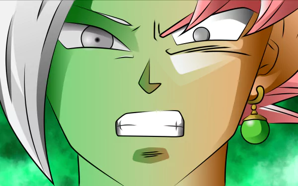 HD desktop wallpaper featuring an intense close-up of Super Saiyan Rosé Goku Black from Dragon Ball Super. The image showcases his distinctive pink hair and one eye shaded in green.