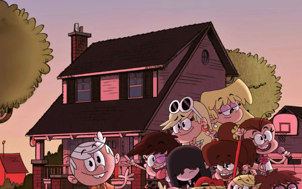 HD cartoon desktop wallpaper from the Nickelodeon TV show The Loud House featuring the Loud family in front of their house at sunset.