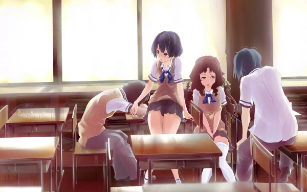 Anime scene from Waiting in the Summer featuring four students in a sunlit classroom, rendered in HD as a PC desktop wallpaper and background.