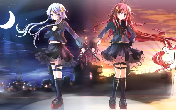 HD anime desktop wallpaper featuring Uzuki and Yayoi from Kantai Collection, set against contrasting night and sunset backgrounds with naval elements.