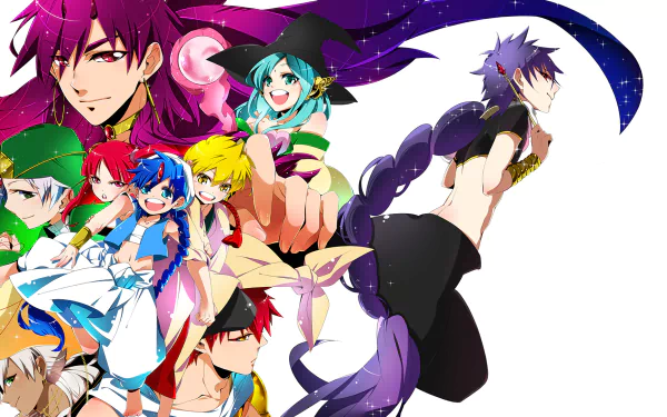 HD PC desktop wallpaper featuring vibrant characters from the anime Magi: The Labyrinth of Magic in dynamic poses with colorful, detailed artwork.
