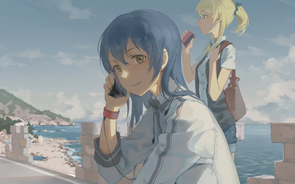 4K Ultra HD PC desktop wallpaper: Love Live! anime scene of Umi Sonoda (blue hair) smiling on a seaside pier, Eri Ayase (blonde) standing behind her.