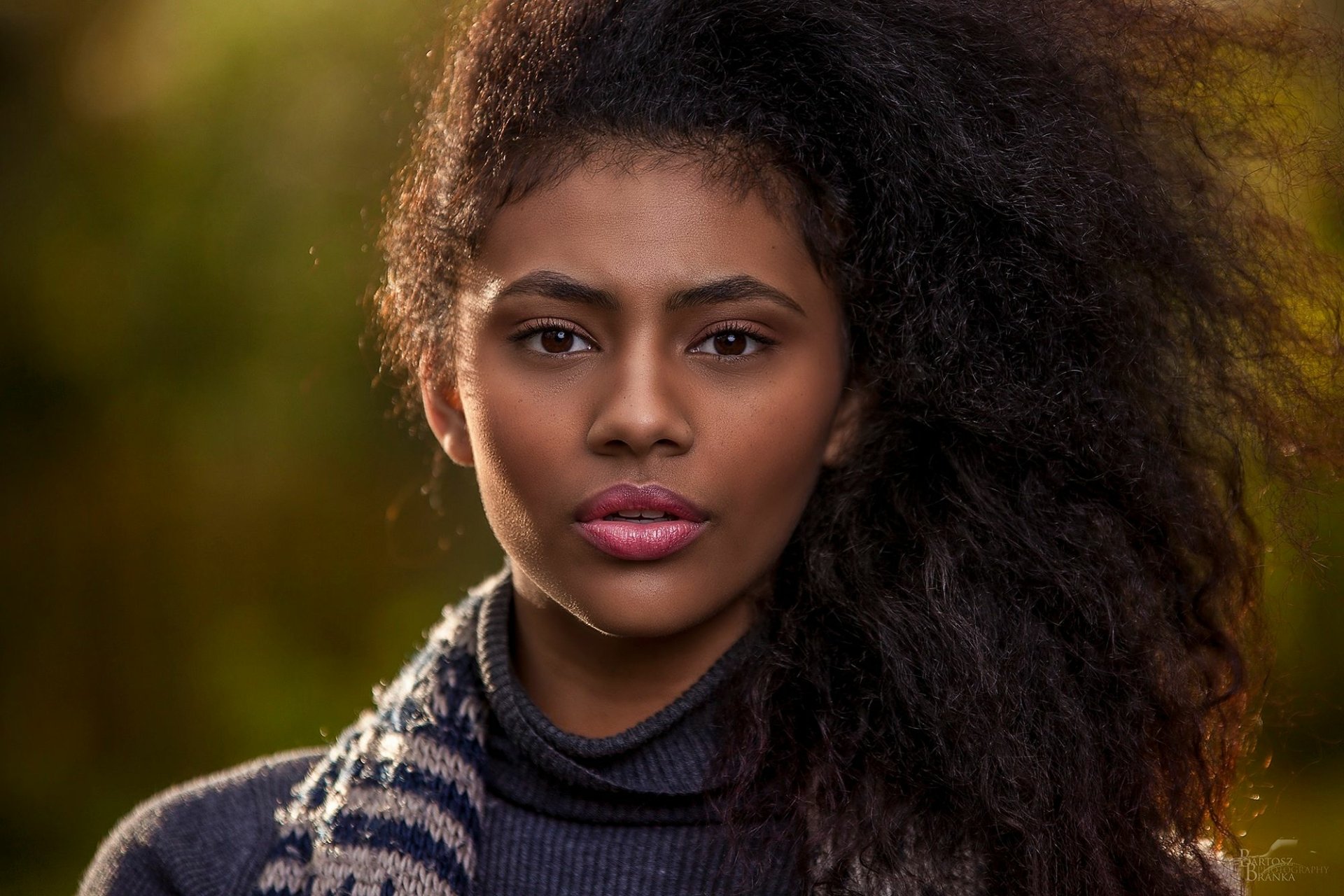 HD desktop wallpaper featuring a brunette model with brown eyes, showcasing a close-up of her face against a softly blurred natural background.