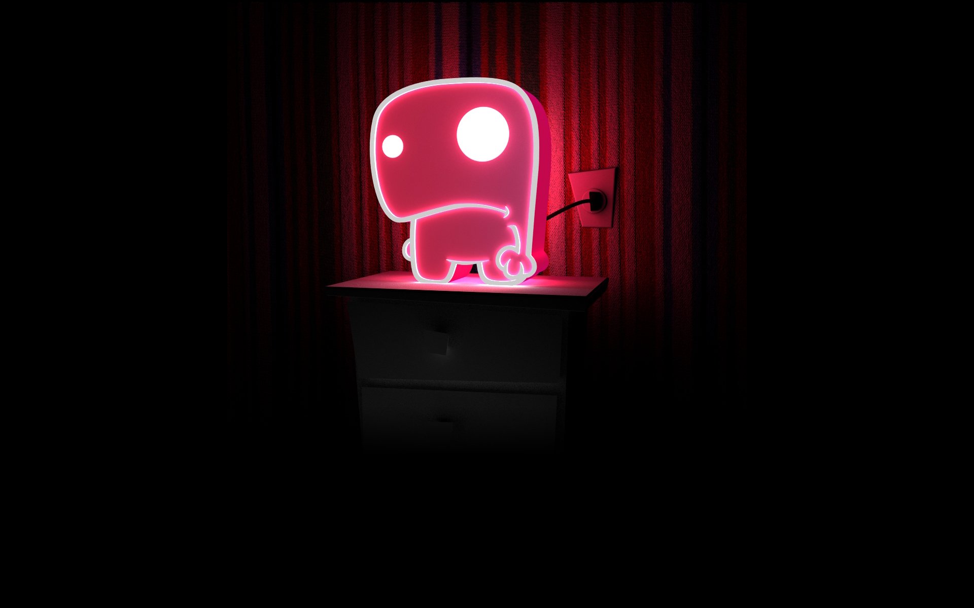 Neon pink glowing creature with large eyes in a dark room, rendered in artistic digital art style as an HD PC desktop wallpaper.
