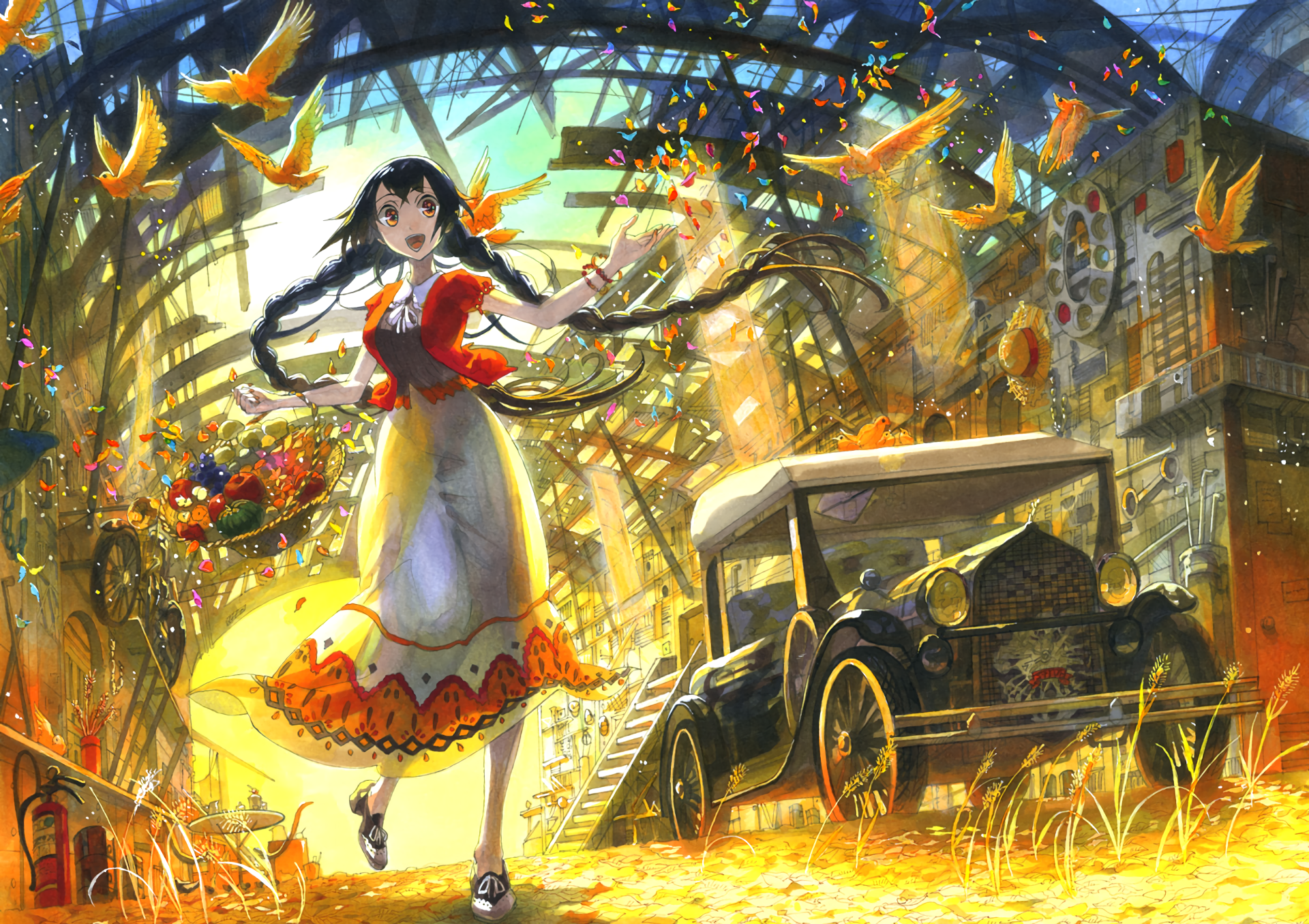 HD anime wallpaper featuring an original character with long hair dancing joyfully in a sunny, colorful, and vibrant street scene, with birds flying and an antique car in the background.
