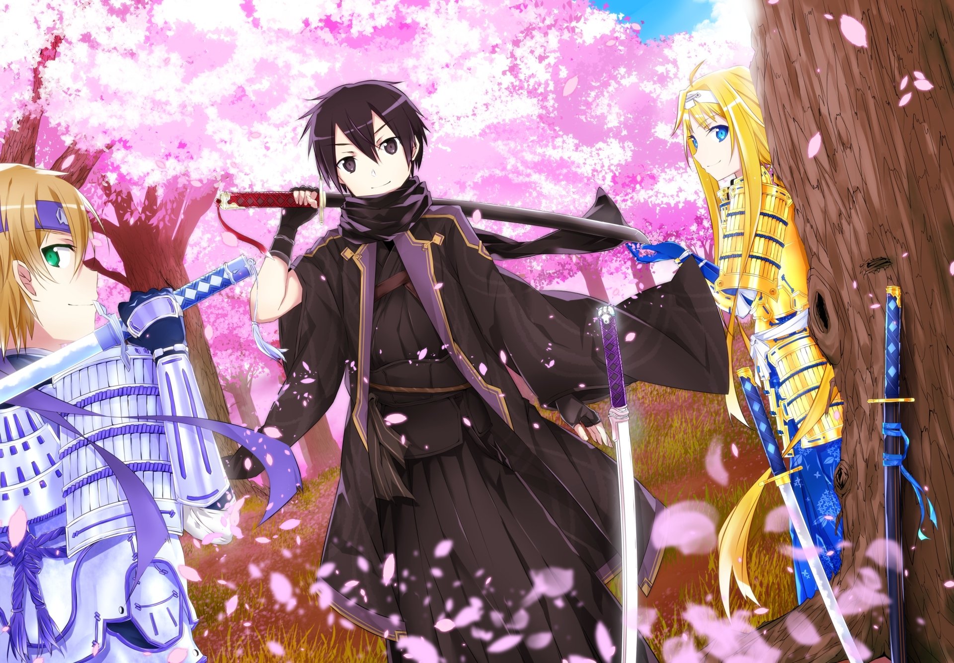 An HD wallpaper featuring characters from Sword Art Online, set against a backdrop of cherry blossoms, showcasing a dynamic confrontation with swords drawn.