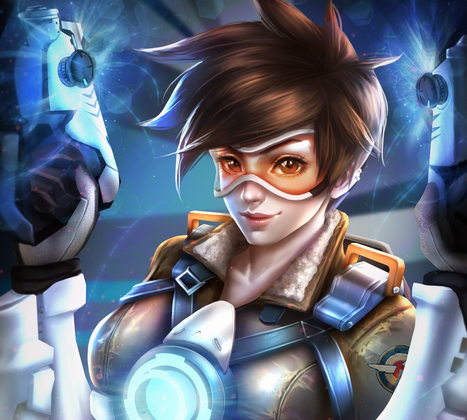 2K Quad HD PC desktop wallpaper and background featuring Tracer (Overwatch) from the video game Overwatch: close-up of her grinning face, goggles, short brown hair and blue chrono energy effects.