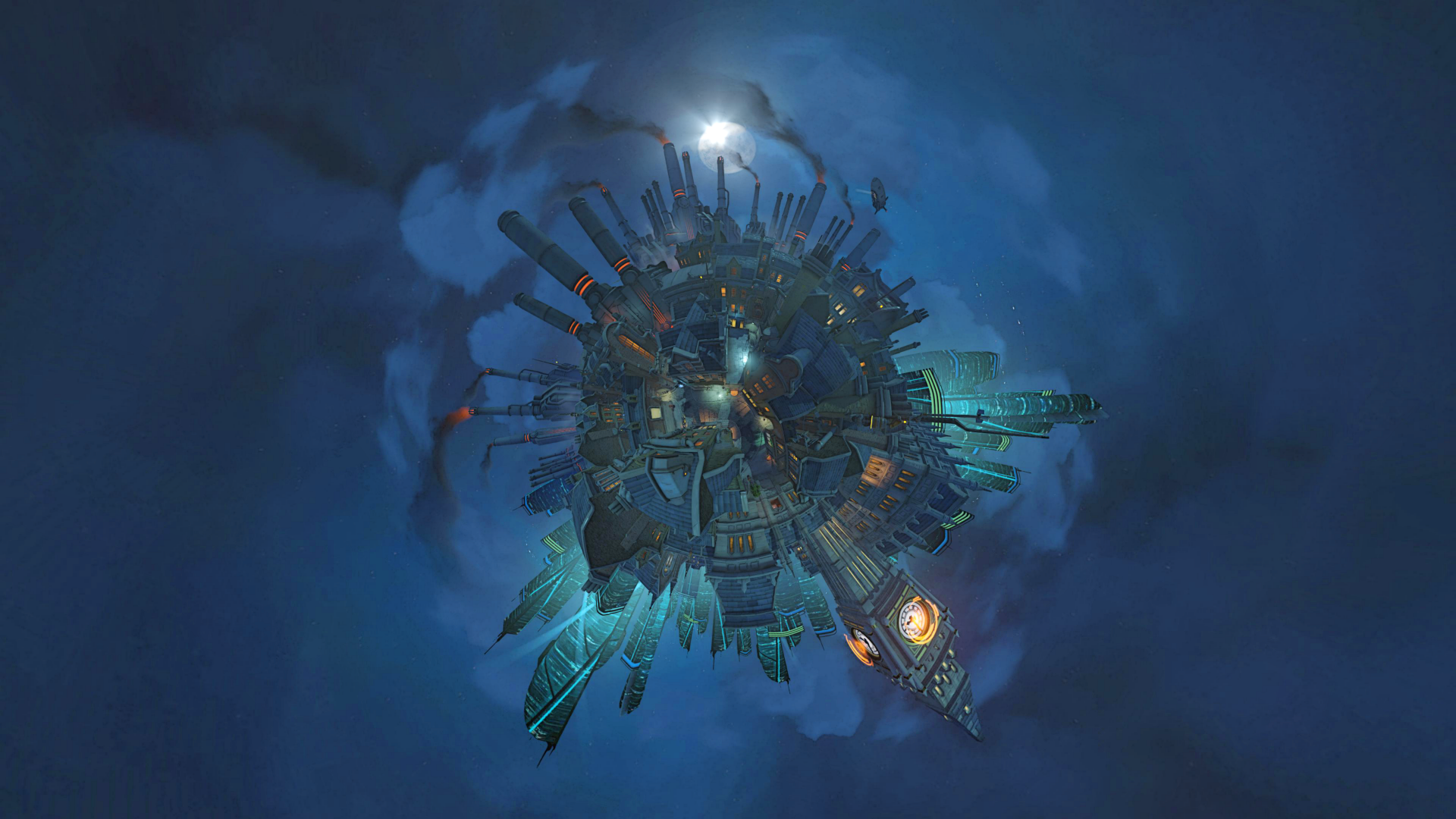 4K Ultra HD PC desktop wallpaper featuring a spherical sci-fi cityscape from the video game Overwatch, set against a dark blue, cloudy background.