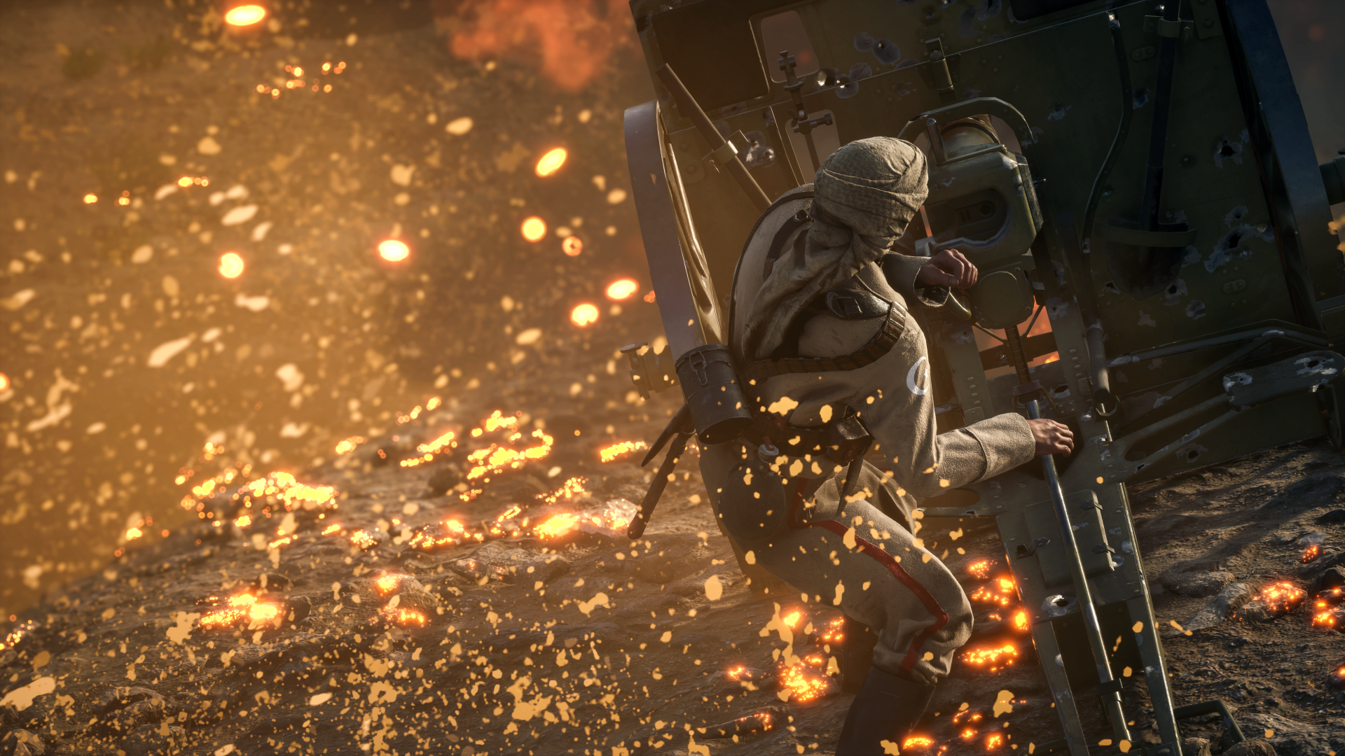 An intense Battlefield 1 scene showing a soldier amid flying sparks and debris, captured in stunning 8K Ultra HD for a PC desktop wallpaper.