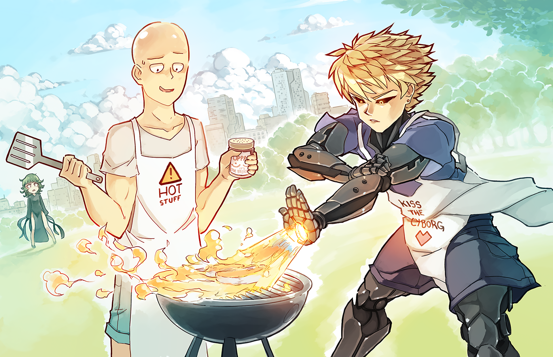 Colorful HD wallpaper featuring Tatsumaki, Genos, and Saitama from One-Punch Man, depicted in a lighthearted barbecue scene with vibrant backgrounds.