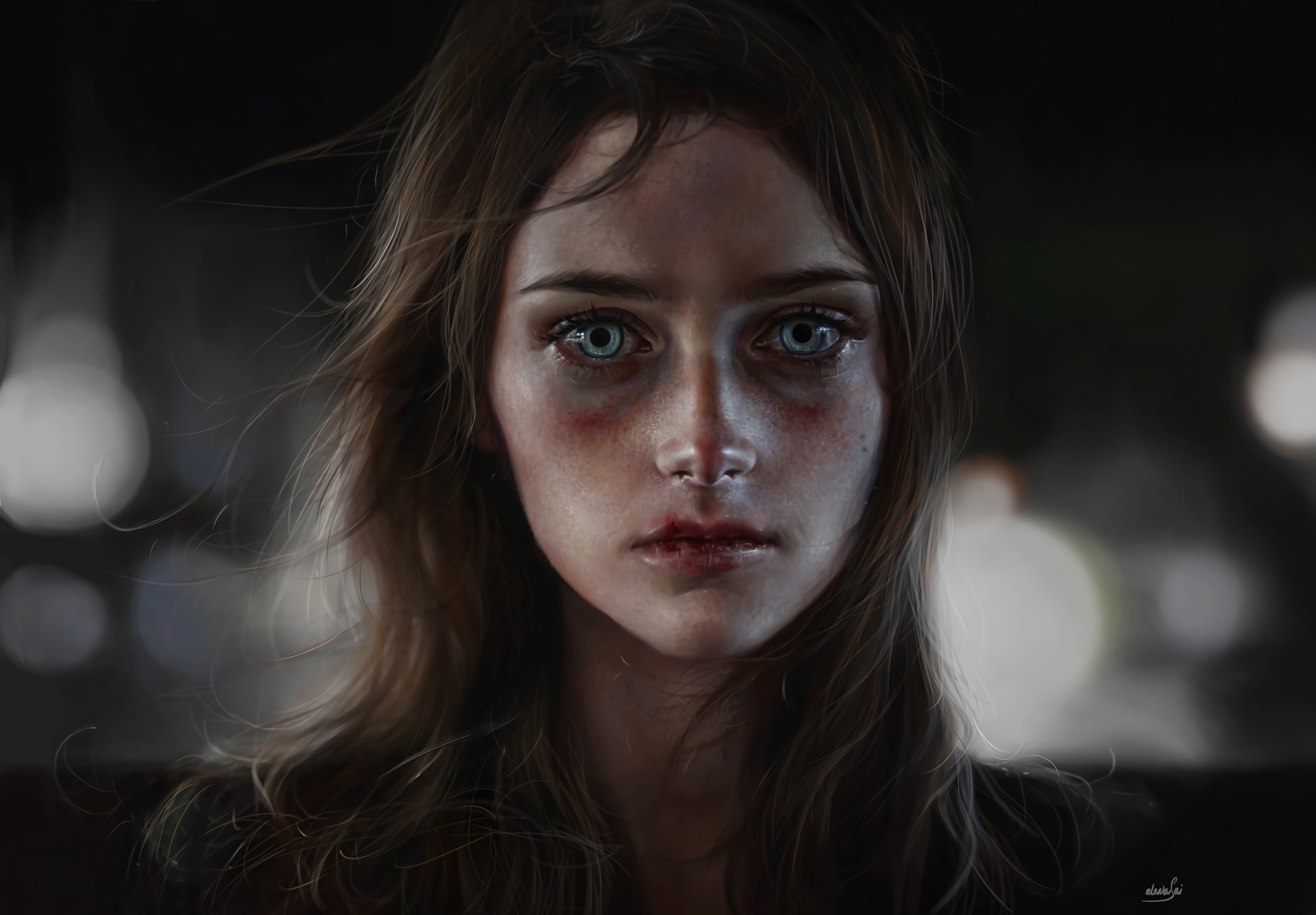Artistic HD desktop wallpaper of a sad woman with striking blue eyes, softly illuminated against a blurred dark background.