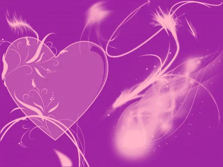 Artistic HD desktop wallpaper featuring a delicate heart design set against a vibrant purple background with ethereal white patterns and flourishes.