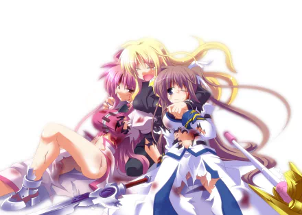Anime HD PC desktop wallpaper/background of Magical Girl Lyrical Nanoha: three magical girls in pastel costumes holding staffs, embracing on a soft white backdrop.