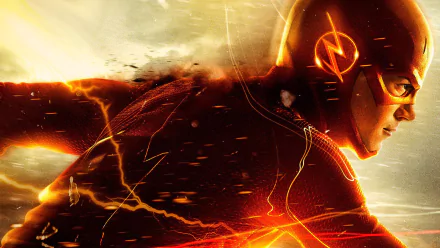 HD wallpaper of Grant Gustin as Barry Allen in The Flash (2014), showcasing the superhero in action amidst dynamic lighting and energy effects.