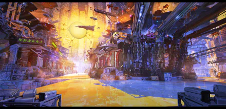 A vibrant anime-inspired sci-fi landscape featuring futuristic buildings, neon lights, and a glowing sun radiating warmth over the scene, making it a striking HD desktop wallpaper.