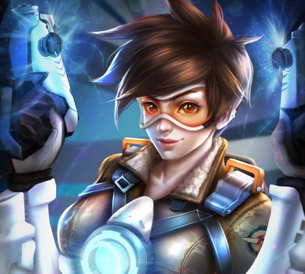 2K Quad HD PC desktop wallpaper and background featuring Tracer (Overwatch) from the video game Overwatch: close-up of her grinning face, goggles, short brown hair and blue chrono energy effects.