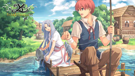 HD PC desktop wallpaper featuring characters from the video game Ys: Chronicles, depicting a vibrant outdoor scene by a river with lush greenery and wooden houses.