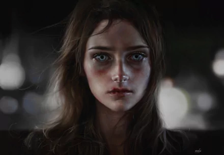 Artistic HD desktop wallpaper of a sad woman with striking blue eyes, softly illuminated against a blurred dark background.