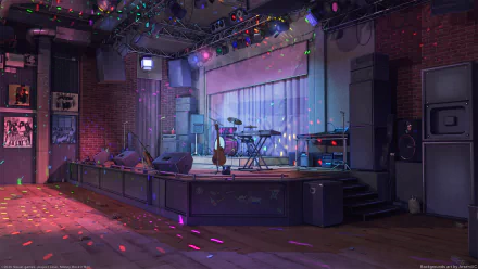 HD PC desktop wallpaper featuring a dimly lit rock'n'roll stage with instruments, blending themes of love, money, and video game ambiance.