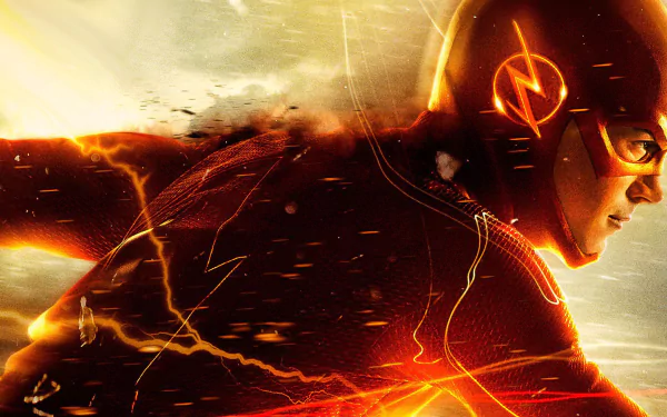HD wallpaper of Grant Gustin as Barry Allen in The Flash (2014), showcasing the superhero in action amidst dynamic lighting and energy effects.