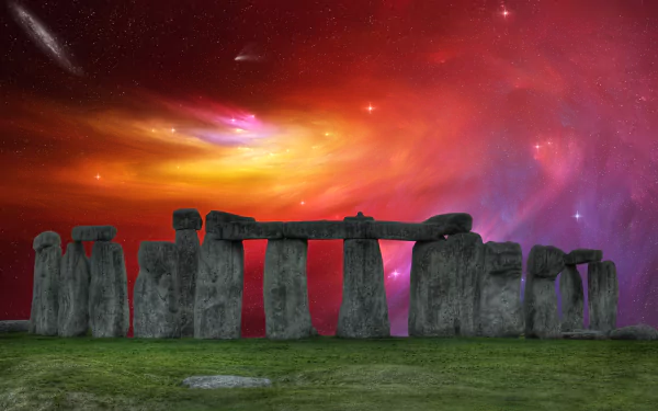HD desktop wallpaper of Stonehenge under a vibrant pink and orange nebula sky filled with stars, blending man-made ancient stones with cosmic beauty.