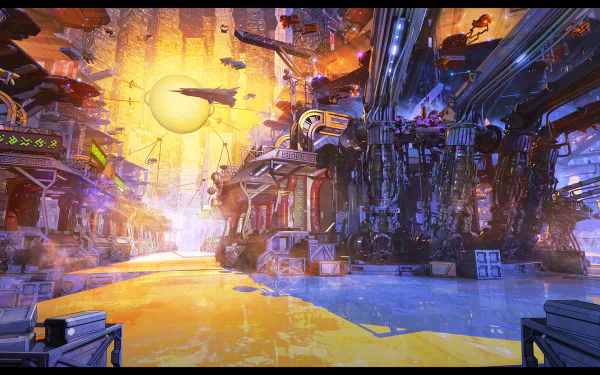 A vibrant anime-inspired sci-fi landscape featuring futuristic buildings, neon lights, and a glowing sun radiating warmth over the scene, making it a striking HD desktop wallpaper.