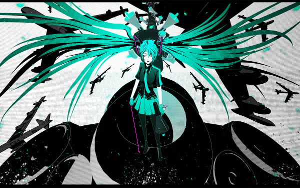 HD PC wallpaper of Hatsune Miku from Love is War (Vocaloid): teal twin‑tails and skirt centered on black abstract shapes, surrounded by silhouetted birds and weapons in anime style.