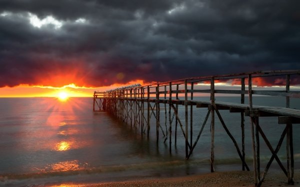 Man Made Pier Ocean Horizon Sunrise Cloud Sunbeam Seagull Bird HD Wallpaper | Background Image