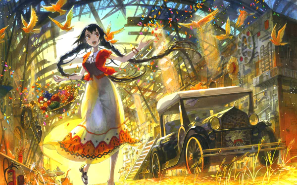 HD anime wallpaper featuring an original character with long hair dancing joyfully in a sunny, colorful, and vibrant street scene, with birds flying and an antique car in the background.