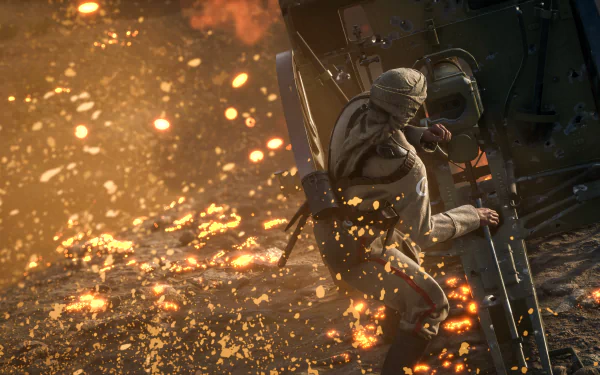 An intense Battlefield 1 scene showing a soldier amid flying sparks and debris, captured in stunning 8K Ultra HD for a PC desktop wallpaper.