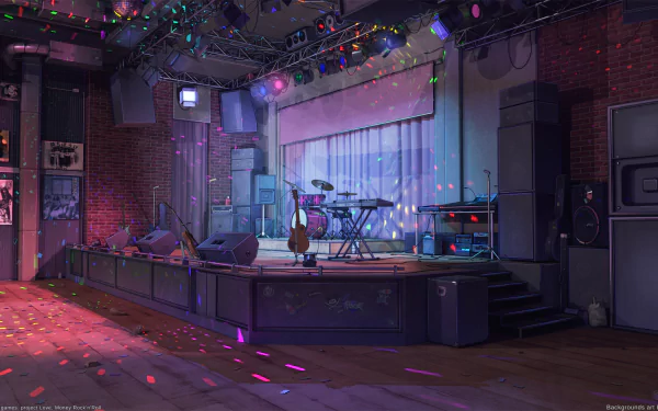HD PC desktop wallpaper featuring a dimly lit rock'n'roll stage with instruments, blending themes of love, money, and video game ambiance.