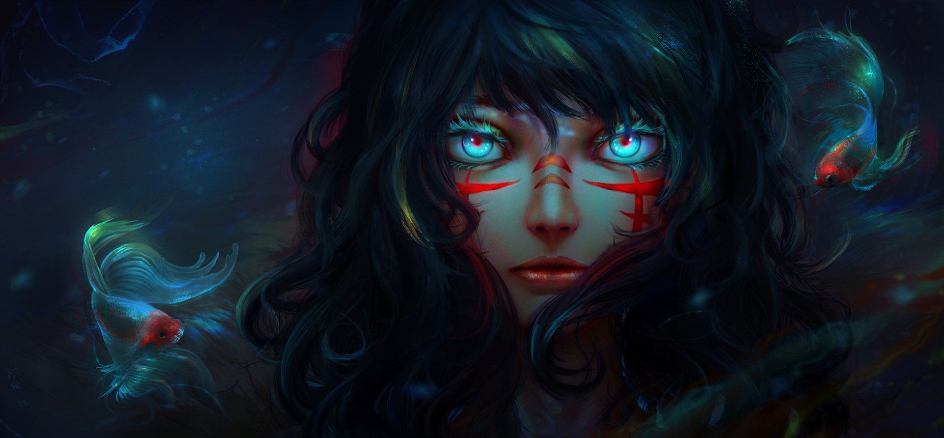 A fantasy-themed underwater scene featuring a woman with black hair and striking blue eyes, adorned with red markings, surrounded by colorful fish. HD wallpaper quality.