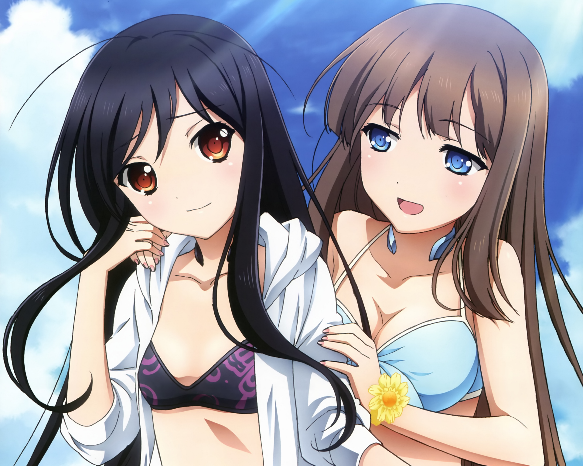 A vibrant 4K Ultra HD wallpaper featuring Fuuko Kurasaki and Kuroyukihime from Accel World, enjoying a sunny day at the beach with cheerful expressions and stylish swimwear.