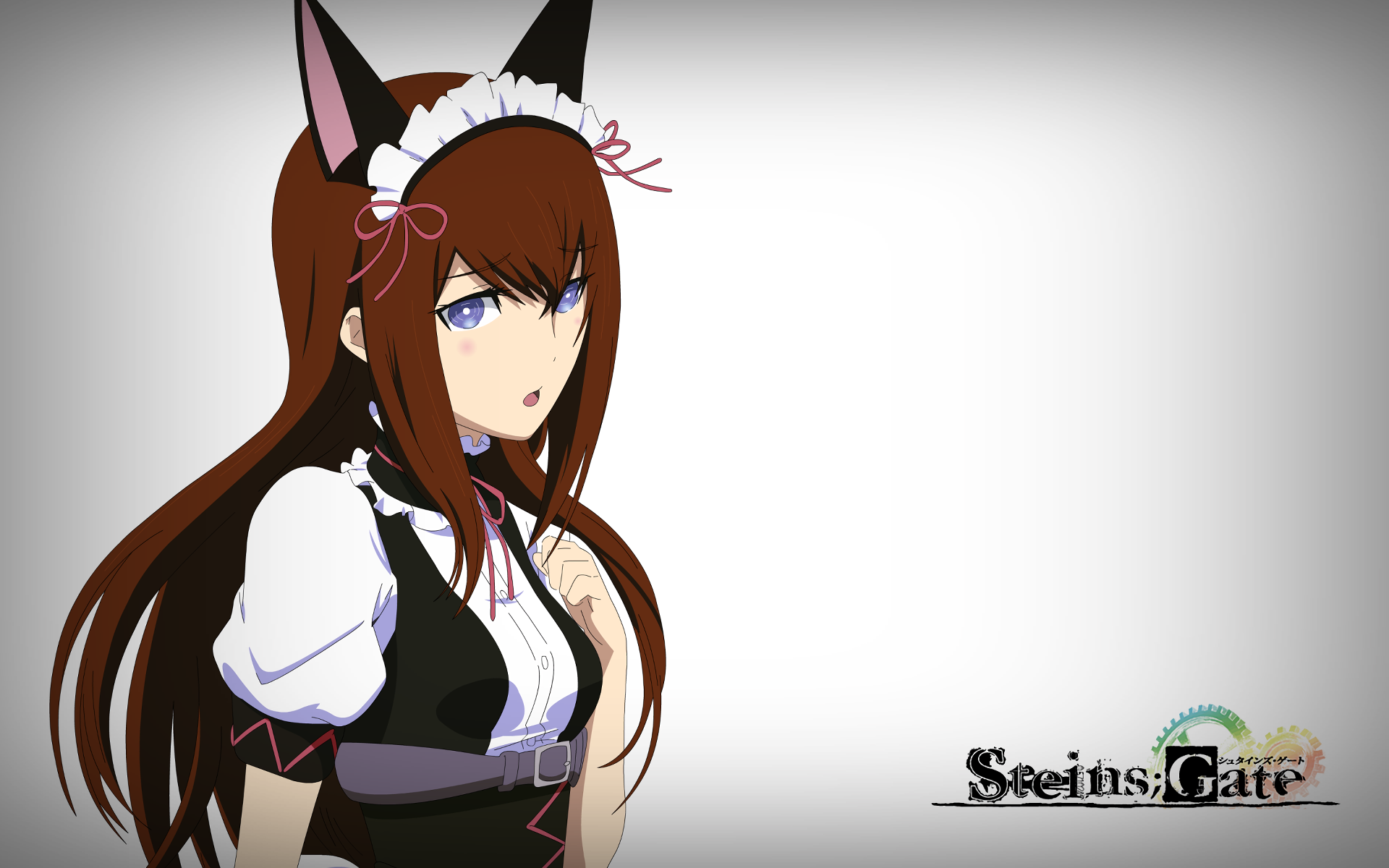 A HD wallpaper featuring Kurisu Makise from the anime Steins;Gate, depicted with cat-like ears and a maid outfit, set against a simple background.