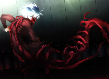 Ken Kaneki from Tokyo Ghoul emerges dramatically in this HD desktop wallpaper, showcasing his iconic red and black design with flowing tentacles against a dark backdrop.