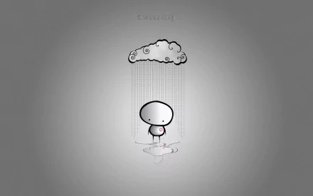 A minimalist HD desktop wallpaper featuring a sad, lonely character standing under a cloud, expressing a gray and somber mood. The artistic design hints at themes of love and melancholy.