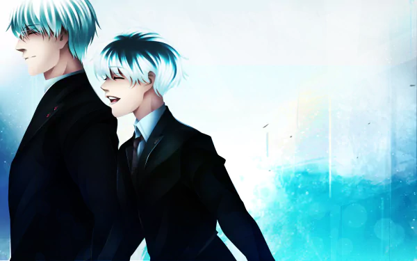 A stylized anime wallpaper featuring Haise Sasaki and Kishou Arima from Tokyo Ghoul:re, both in suits, with two-toned white hair and a dynamic blue background.