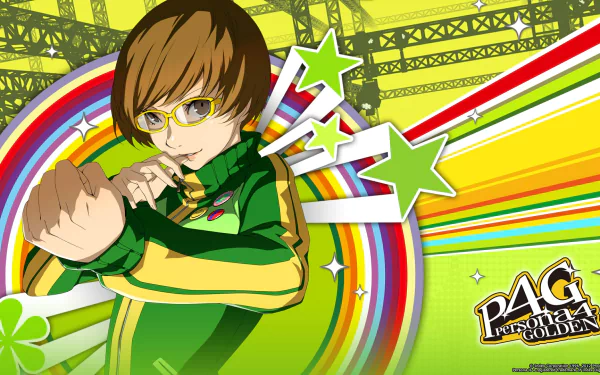 HD PC desktop wallpaper featuring a character in green with glasses from the video game Persona 4 Golden, set against a vibrant, colorful background with stars and stripes.