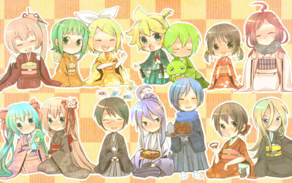 Chibi-style HD anime wallpaper featuring Vocaloid characters GUMI, Kamui Gakupo, Kaito, Meiko, Luka Megurine, Len and Rin Kagamine, and Hatsune Miku in traditional attire.