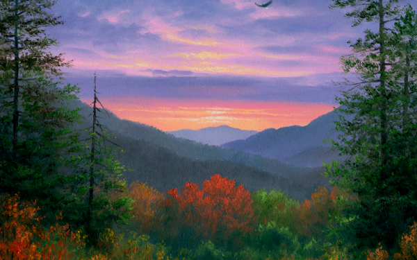 Artistic Painting Fall Sunset Mountain Landscape Forest HD Wallpaper | Background Image
