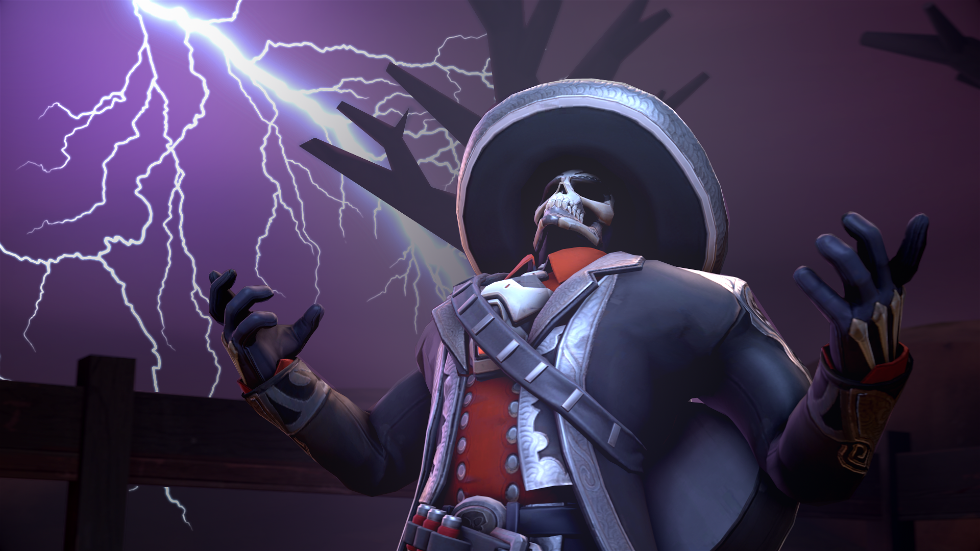 HD PC desktop wallpaper of Reaper (Overwatch) in a wide-brimmed hat and cloak, arms raised as jagged purple lightning strikes behind him — video game background.